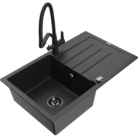 Mexen Bruno chiuvetă de granit cu 1 compartiment și scurgător și robinet de bucătărie Duo, negru/auriu metalizat