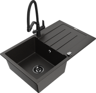 Mexen Bruno chiuvetă de granit cu 1 compartiment și scurgător și robinet de bucătărie Duo, negru/auriu metalizat