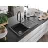 Mexen Bruno chiuvetă granit 1-compartiment cu scurgător și baterie de bucătărie Duo, negru cu pete - 6513-76-671701-07