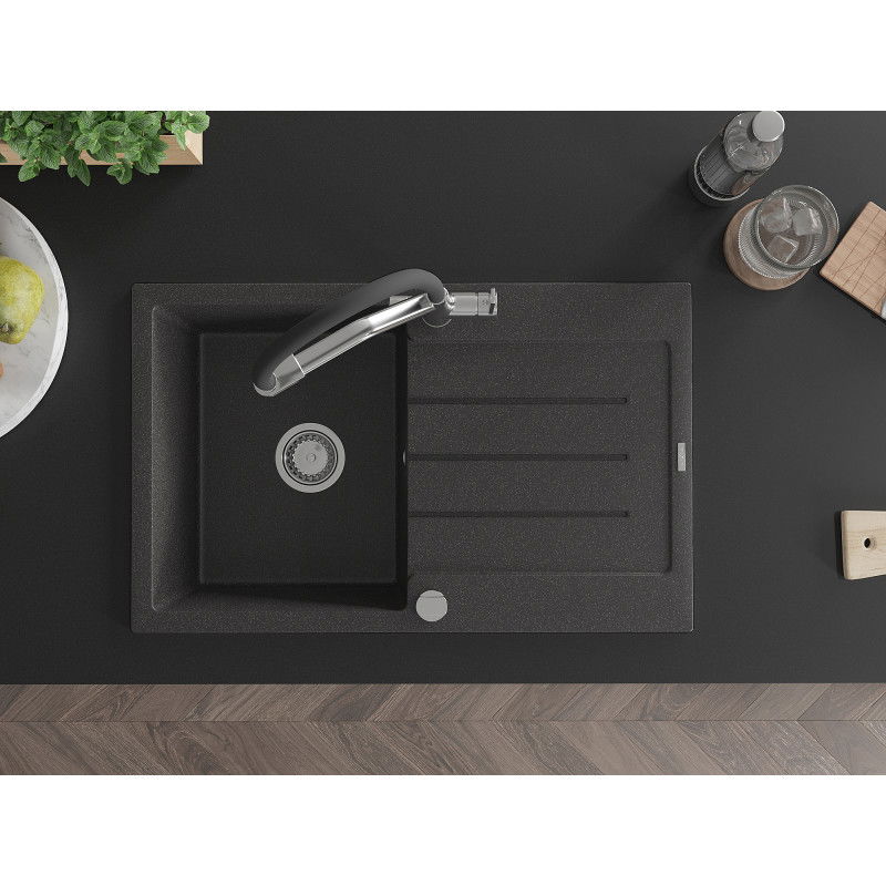 Mexen Bruno 1-medencés gránit mosogató elvezetővel és Duo konyhai csapteleppel, fekete pöttyös - 6513-76-671701-07