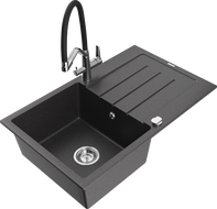 Mexen Bruno 1-medencés gránit mosogató elvezetővel és Duo konyhai csapteleppel, fekete pöttyös - 6513-76-671701-07