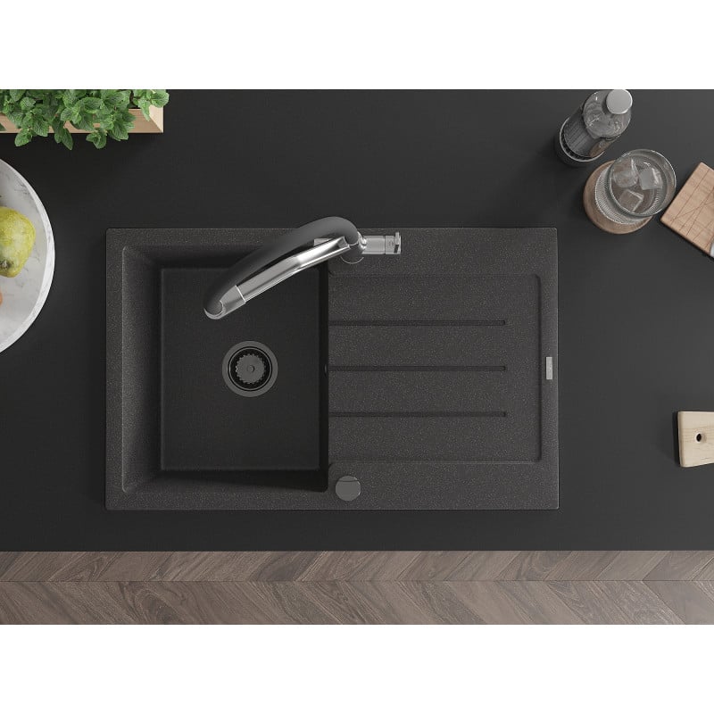Mexen Bruno egymedencés gránit mosogató csepegtetővel és Duo konyhai csapteleppel, fekete pöttyös - 6513-76-671701-07-B