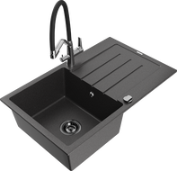 Mexen Bruno egymedencés gránit mosogató csepegtetővel és Duo konyhai csapteleppel, fekete pöttyös - 6513-76-671701-07-B