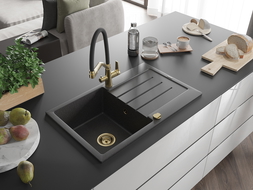 Mexen Bruno chiuvetă de granit cu 1 compartiment cu scurgător și baterie de bucătărie Duo, negru pătat - 6513-76-671701-57-G