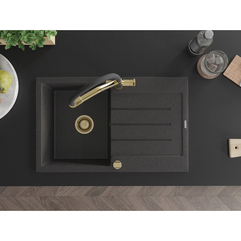 Mexen Bruno chiuvetă de granit cu 1 compartiment și scurgător și robinet de bucătărie Duo, negru stropit - 6513-76-671701-57-G