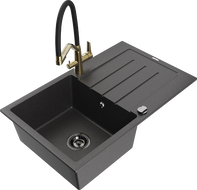 Mexen Bruno gránit mosogató 1-kamrás csepegtetővel és konyhai csapteleppel Duo, fekete pöttyös - 6513-76-671701-57-B