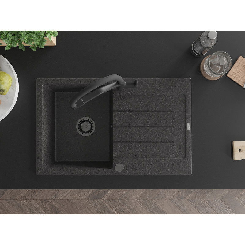 Mexen Bruno chiuvetă de bucătărie din granit cu 1 compartiment și picurător și baterie Duo, negru cu pete - 6513-76-671701-70-B
