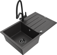 Mexen Bruno gránit mosogató 1-medencés csepegtetővel és Duo konyhai csapteleppel, fekete pettyes - 6513-76-671701-70-B