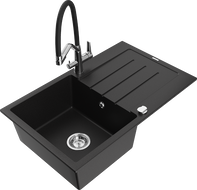 Mexen Bruno 1-medencés gránit mosogató csepegtetővel és Duo konyhai csappal, fekete - 6513-77-671701-07