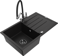 Mexen Bruno chiuvetă de bucătărie din granit cu 1 compartiment cu scurgător și baterie Duo, negru - 6513-77-671701-07-B