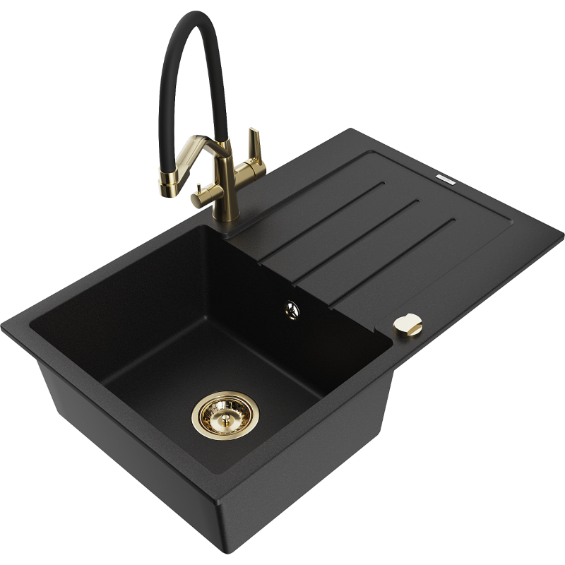 Mexen Bruno 1-medencés gránit mosogató csepegtetővel és Duo konyhai csappal, fekete - 6513-77-671701-57-G