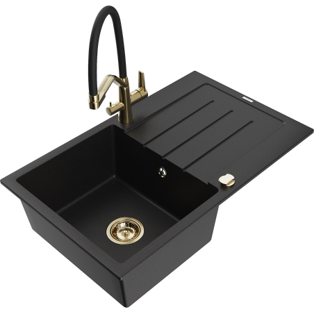 Mexen Bruno 1-medencés gránit mosogató csepegtetővel és Duo konyhai csappal, fekete - 6513-77-671701-57-G