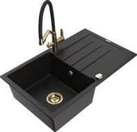 Mexen Bruno 1-medencés gránit mosogató csepegtetővel és Duo konyhai csappal, fekete - 6513-77-671701-57-G