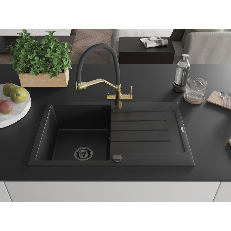 Mexen Bruno chiuvetă de granit cu 1 compartiment cu scurgător și baterie de bucătărie Duo, negru - 6513-77-671701-57-B