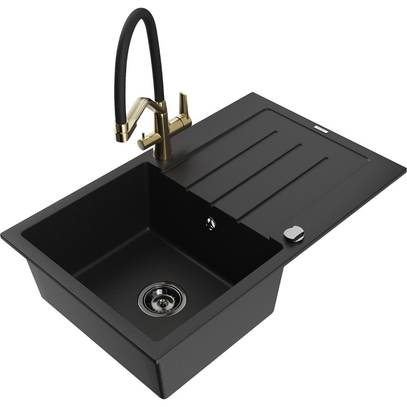 Mexen Bruno chiuvetă de granit cu 1 compartiment cu scurgător și baterie de bucătărie Duo, negru - 6513-77-671701-57-B