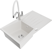 Mexen Cesar chiuvetă de granit cu 1 compartiment, cu scurgător și baterie de bucătărie Duo, alb - 6514-20-671701-02