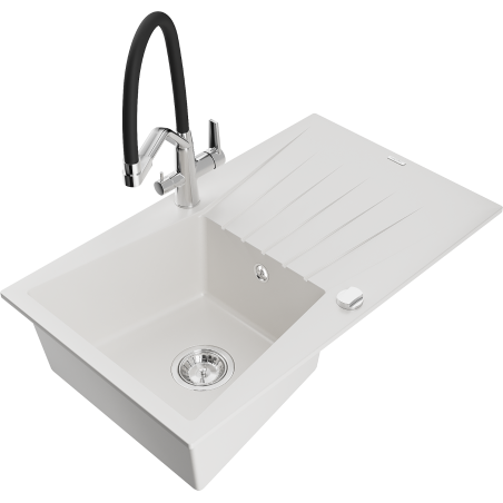 Mexen Cesar egymedencés gránit mosogató csepptálcával és Duo konyhai csapteleppel, fehér - 6514-20-671701-07