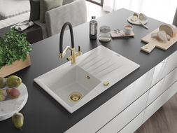 Mexen Cesar chiuvetă de granit cu o cuvă și scurgător, cu baterie de bucătărie Duo, alb - 6514-20-671701-57-G