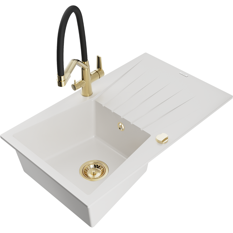 Mexen Cesar 1-medencés gránit mosogató lefolyóval és konyhai csappal Duo, fehér - 6514-20-671701-57-G