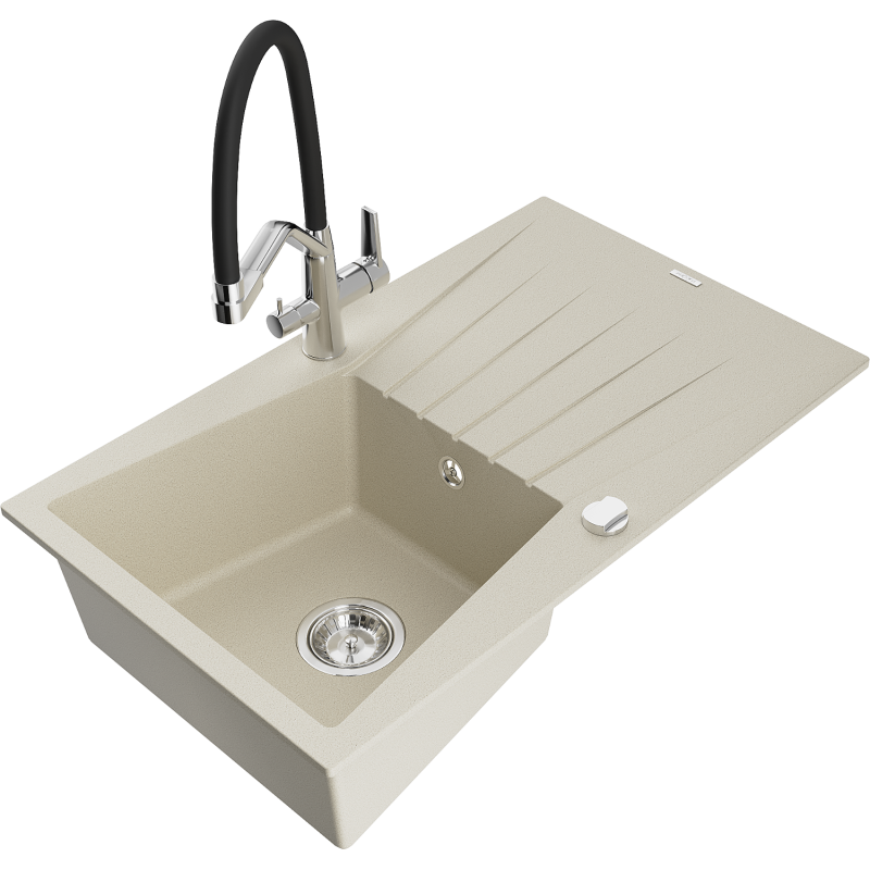 Mexen Cesar 1-medencés gránit mosogató lefolyóval és Duo konyhai csappal, bézs - 6514-69-671701-07