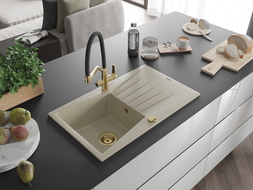 Mexen Cesar 1-medencés gránit mosogató csepegtetővel és Duo konyhai csapteleppel, bézs - 6514-69-671701-57-G