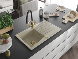 Mexen Cesar chiuvetă de granit cu 1 compartiment și picurător și baterie de bucătărie Duo, bej - 6514-69-671701-57-G