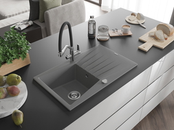 Mexen Cesar chiuvetă de granit cu un compartiment, cu picurător și baterie de bucătărie Duo, Gri - 6514-71-671701-07