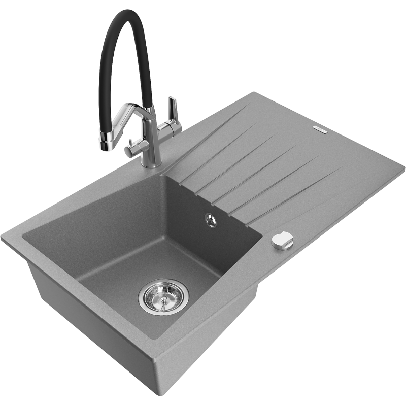 Mexen Cesar egymedencés gránit mosogató csepegtetővel és Duo konyhai csapteleppel, szürke - 6514-71-671701-07