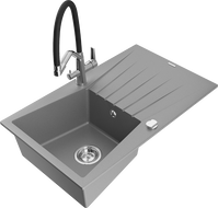 Mexen Cesar chiuvetă de granit cu 1 cuvă și picurător și baterie de bucătărie Duo, gri - 6514-71-671701-07