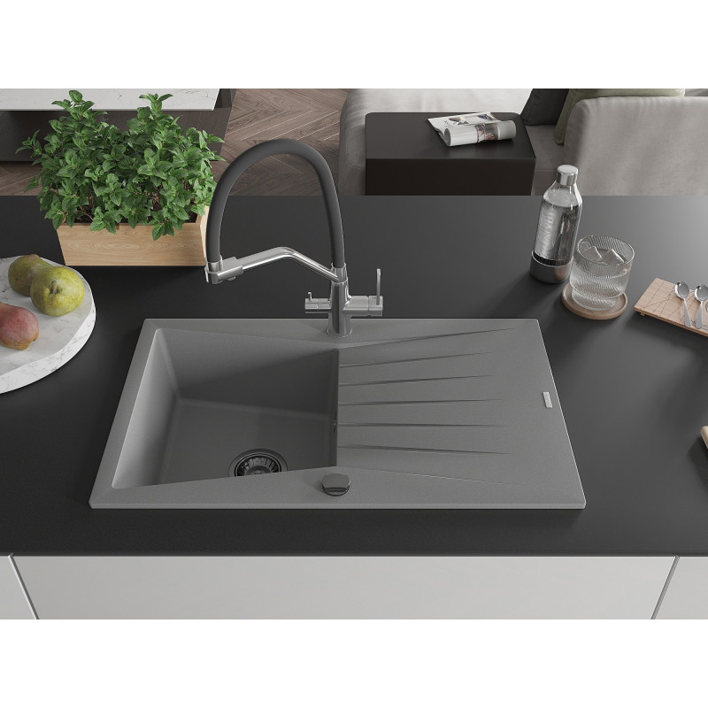 Mexen Cesar chiuvetă de granit cu 1 cuvă cu picurător și baterie de bucătărie Duo, gri - 6514-71-671701-07-B
