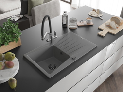 Mexen Cesar chiuvetă de granit cu 1 cuvă cu picurător și baterie de bucătărie Duo, gri - 6514-71-671701-07-B