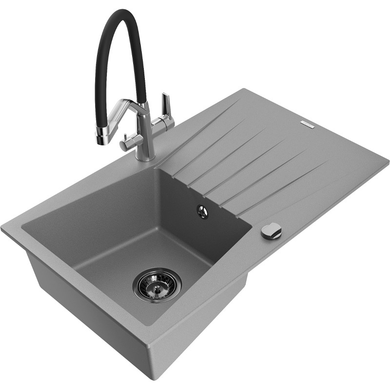 Mexen Cesar chiuvetă de granit cu 1 cuvă cu picurător și baterie de bucătărie Duo, gri - 6514-71-671701-07-B
