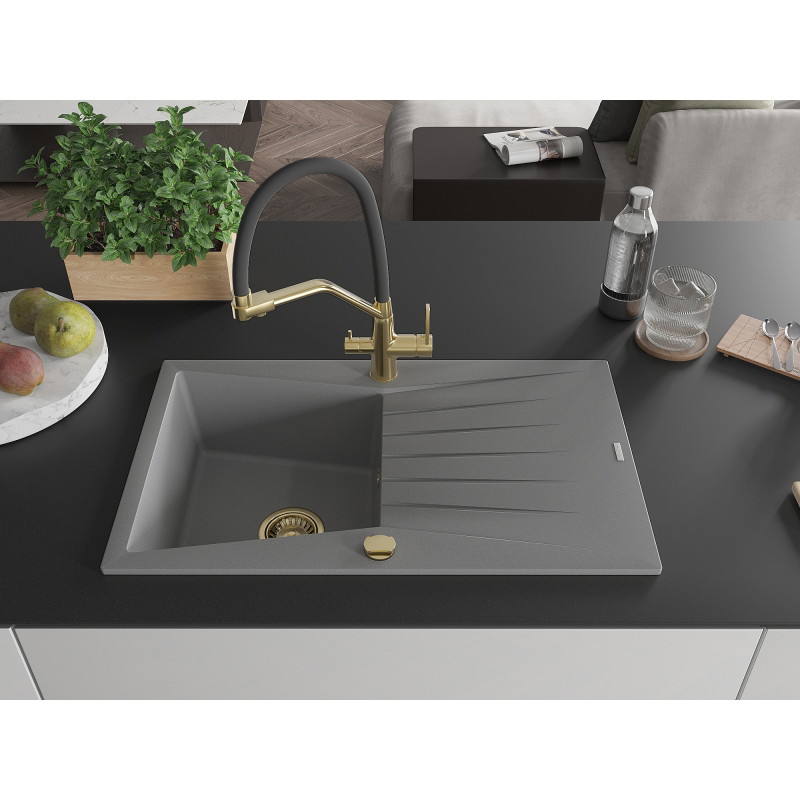 Mexen Cesar chiuvetă de granit cu o cuvă și scurgător, cu baterie de bucătărie Duo, gri - 6514-71-671701-57-G