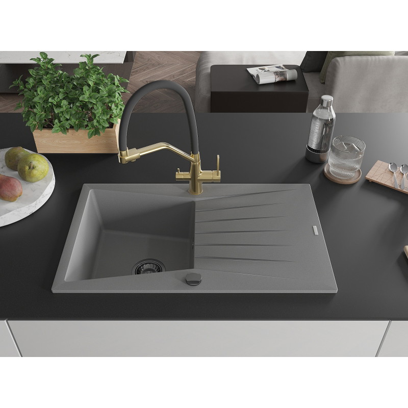 Mexen Cesar chiuvetă de granit cu o singură cuvă, scurgător și baterie de bucătărie Duo, gri - 6514-71-671701-57-B
