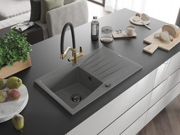 Mexen Cesar egykamrás gránit mosogató csöpögtetővel és Duo konyhai csapteleppel, szürke - 6514-71-671701-57-B