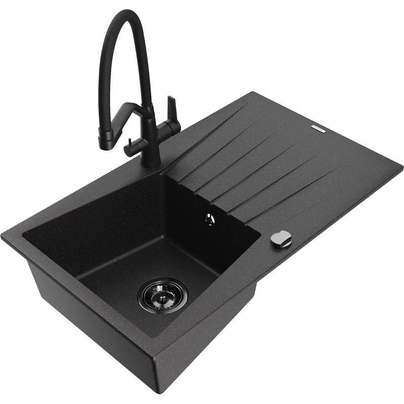 Mexen Cesar chiuvetă de granit cu 1 compartiment, cu scurgător și baterie de bucătărie Duo, negru/argintiu metalizat