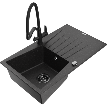Mexen Cesar chiuvetă de granit cu 1 compartiment, cu scurgător și baterie de bucătărie Duo, negru/argintiu metalizat