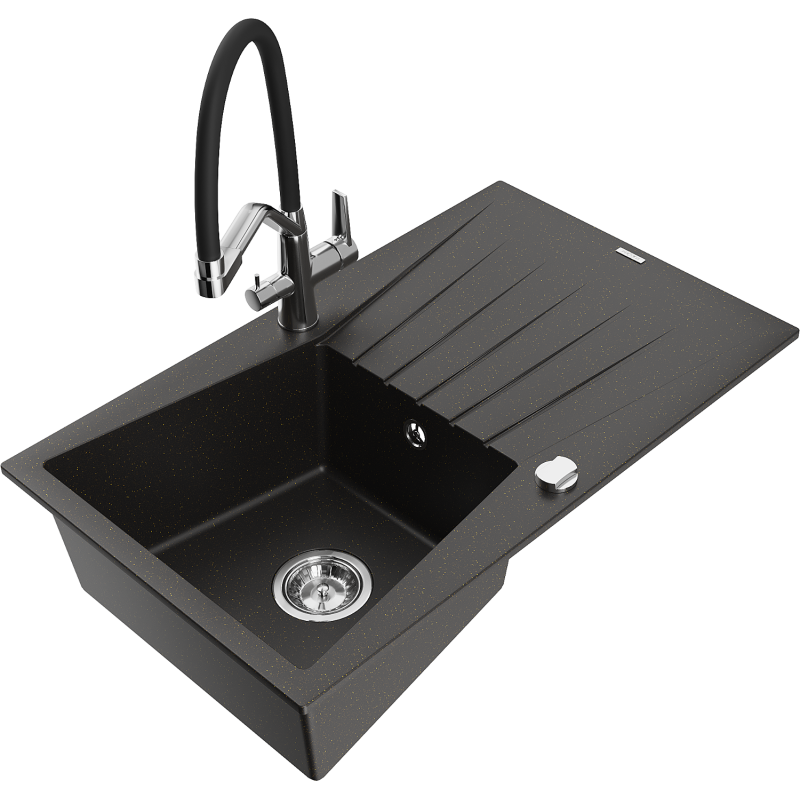 Chiuvetă de granit Mexen Cesar cu o cuvă, picurător și baterie de bucătărie Duo, negru/auriu metalic - 6514-75-671701-07