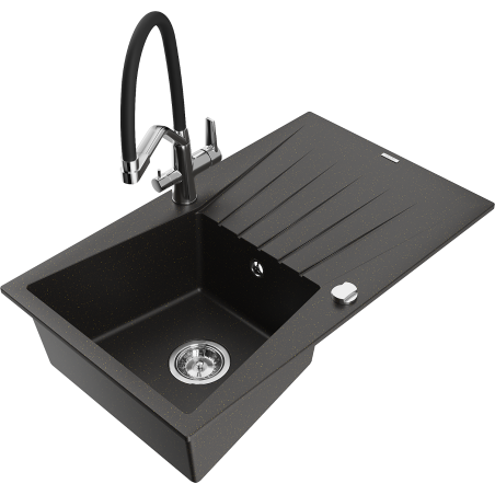 Chiuvetă de granit Mexen Cesar cu o cuvă, picurător și baterie de bucătărie Duo, negru/auriu metalic - 6514-75-671701-07