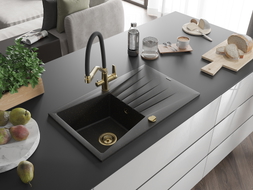 Mexen Cesar gránit mosogató 1 medencével, csepegtetővel és Duo konyhai csappal, fekete/arany metál - 6514-75-671701-57-G