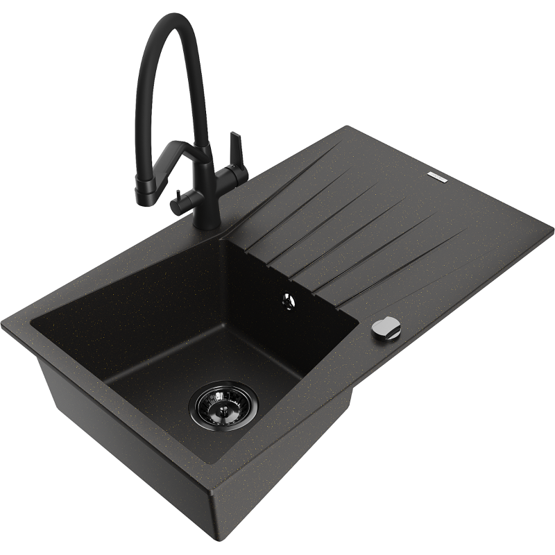 Mexen Cesar chiuvetă granit 1-cameră cu scurgător și baterie de bucătărie Duo, negru/auriu metalizat - 6514-75-671701-70-B