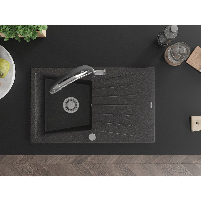 Mexen Cesar chiuvetă de granit cu 1 compartiment cu scurgător și baterie de bucătărie Duo, negru stropit - 6514-76-671701-07