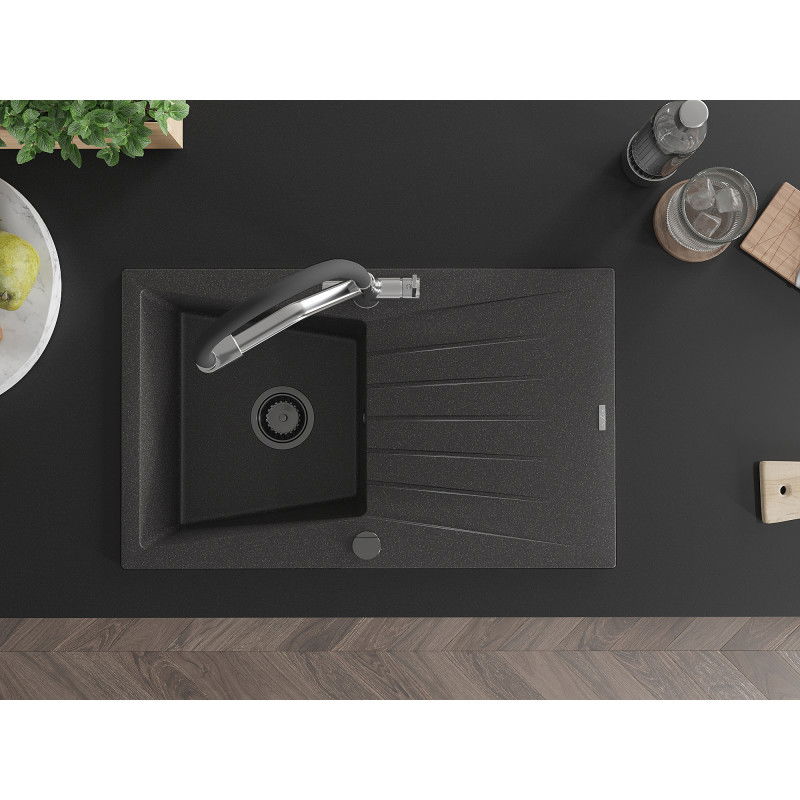 Mexen Cesar gránit mosogató 1-medencés csepegtetővel és Duo konyhai csapteleppel, fekete pöttyözött - 6514-76-671701-07-B