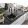 Mexen Cesar chiuvetă cu o cuvă din granit cu scurgător și baterie de bucătărie Duo, negru cu pete - 6514-76-671701-57-G