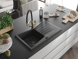 Mexen Cesar chiuvetă granit 1-cam. cu scurgător şi baterie bucătărie Duo, negru cu pete - 6514-76-671701-57-B