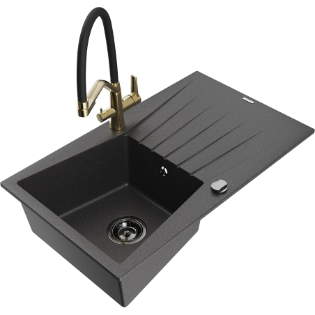 Mexen Cesar chiuvetă granit 1-cam. cu scurgător şi baterie bucătărie Duo, negru cu pete - 6514-76-671701-57-B