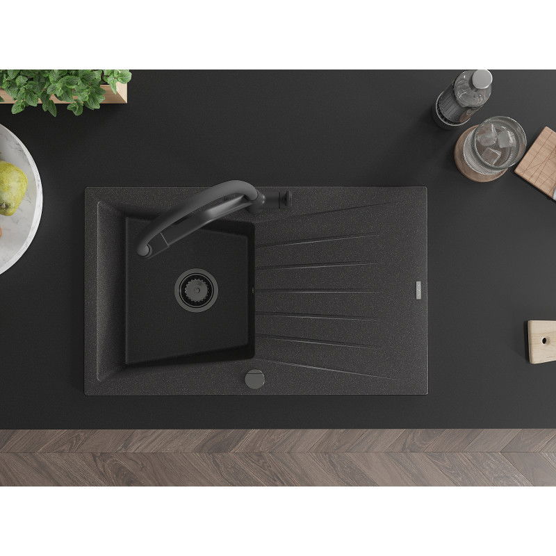 Mexen Cesar 1 rekeszes gránit mosogató lefolyóval és Duo konyhai csappal, fekete pöttyös - 6514-76-671701-70-B