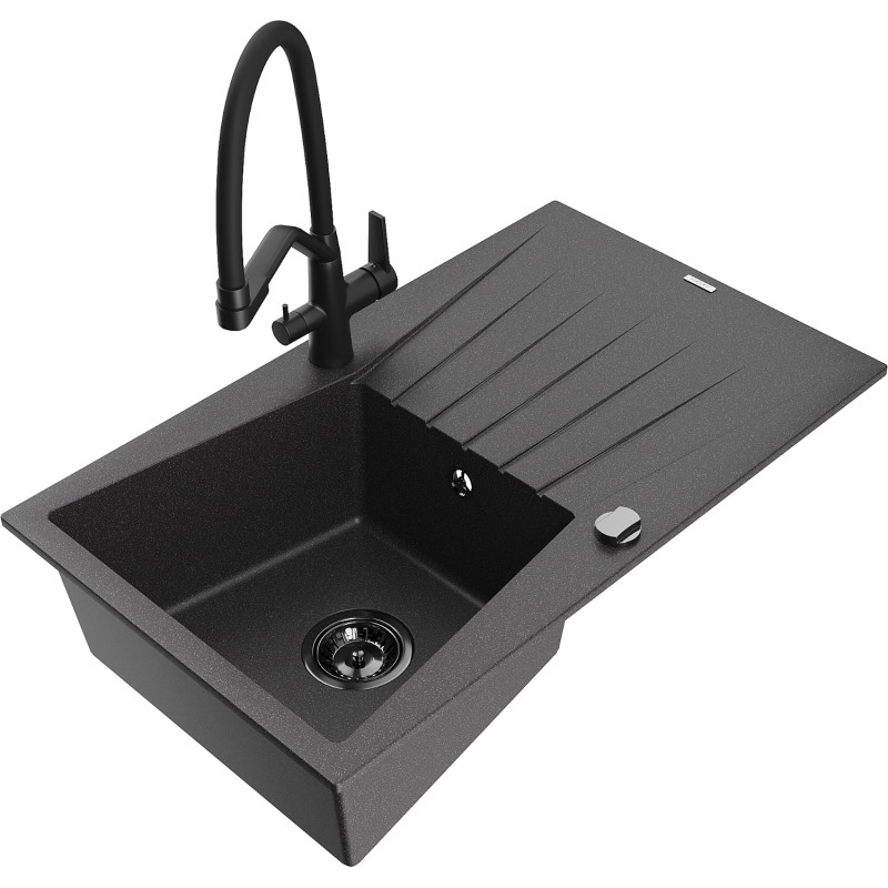 Mexen Cesar chiuvetă de bucătărie granit 1-cu o cameră cu scurgător și baterie Duo, negru picurat - 6514-76-671701-70-B