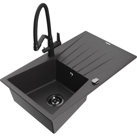 Mexen Cesar chiuvetă de bucătărie granit 1-cu o cameră cu scurgător și baterie Duo, negru picurat - 6514-76-671701-70-B