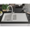 Mexen Andres Chiuvetă de granit de 1,5 compartiment cu picurător și baterie de bucătărie Duo, Albă - 6515-20-671701-02